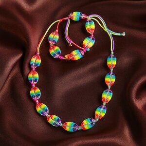 Rainbow Bead Necklace & Bracelet Set – Colorful Adjustable Festival Jewelry